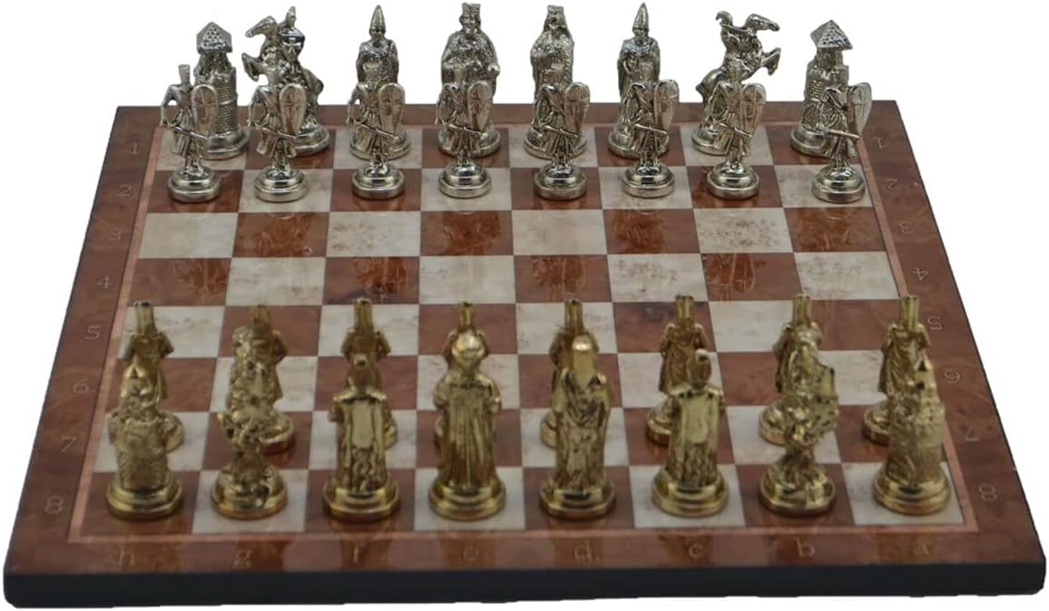Metal Chess Sets for Adult Ottoman vs Byzantine Empire Figures,Handmade Pieces and Different Design Wooden Chess Board (Mocha)