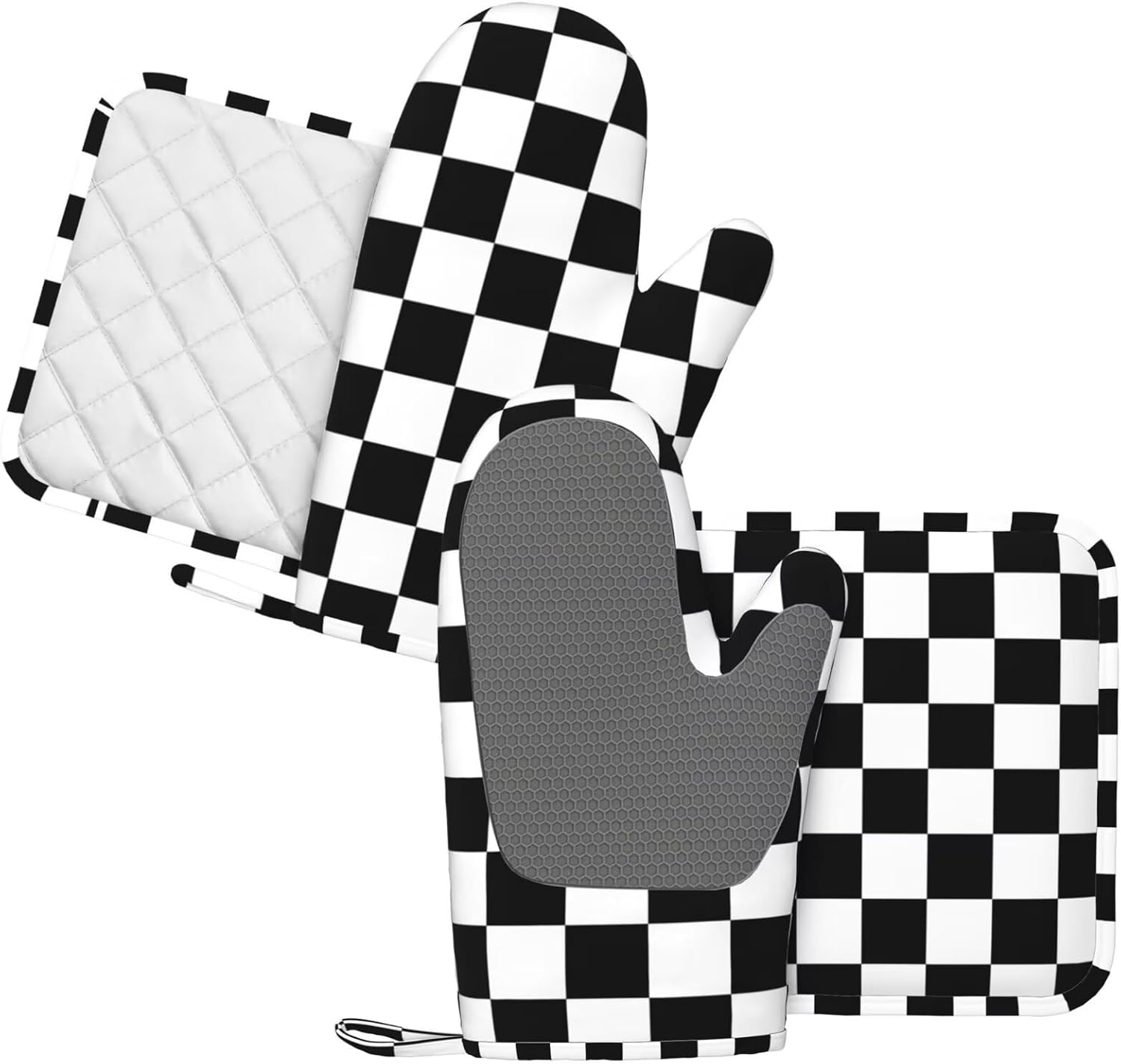 Black White Check Plaid Oven Mitts Pot Holders Set Silicone Kitchen Gloves Black and White Checkered Plaid Potholders Non-Slip Heat Resistant for Chef Baking Cooking 4 pcs Kitchen Mitts