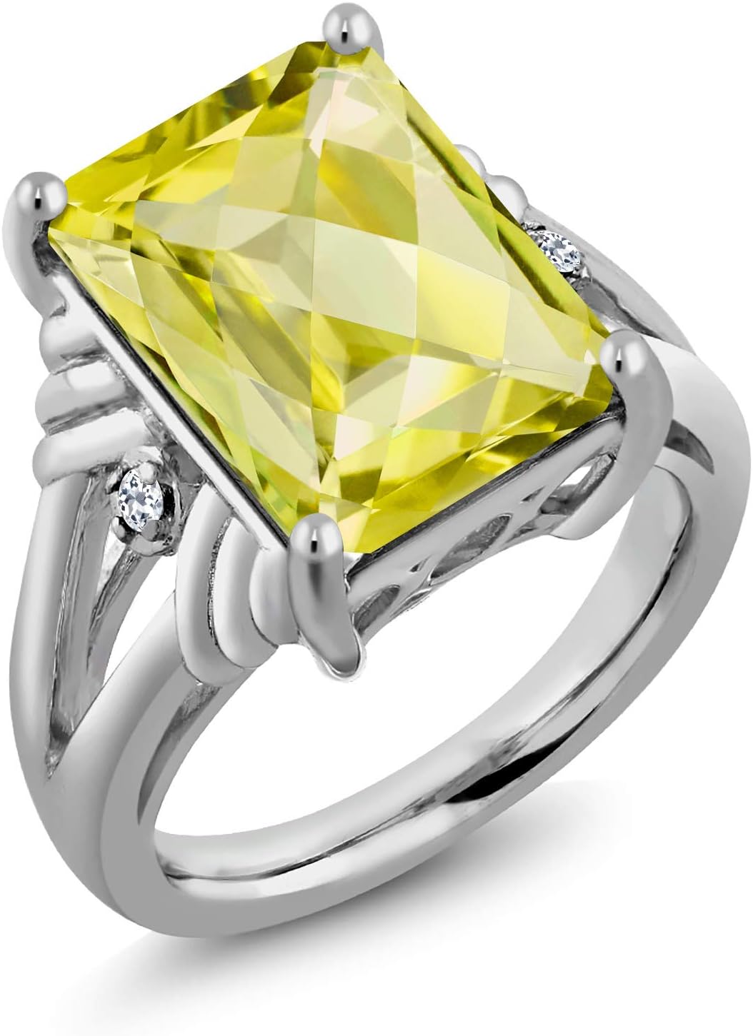 Gem Stone King 6-10 Cttw Gemstone Birthstone and White Topaz Ring For Women | 925 Sterling Silver | Emerald Cut 14X10MM | Wedding Anniversary Engagement Ring