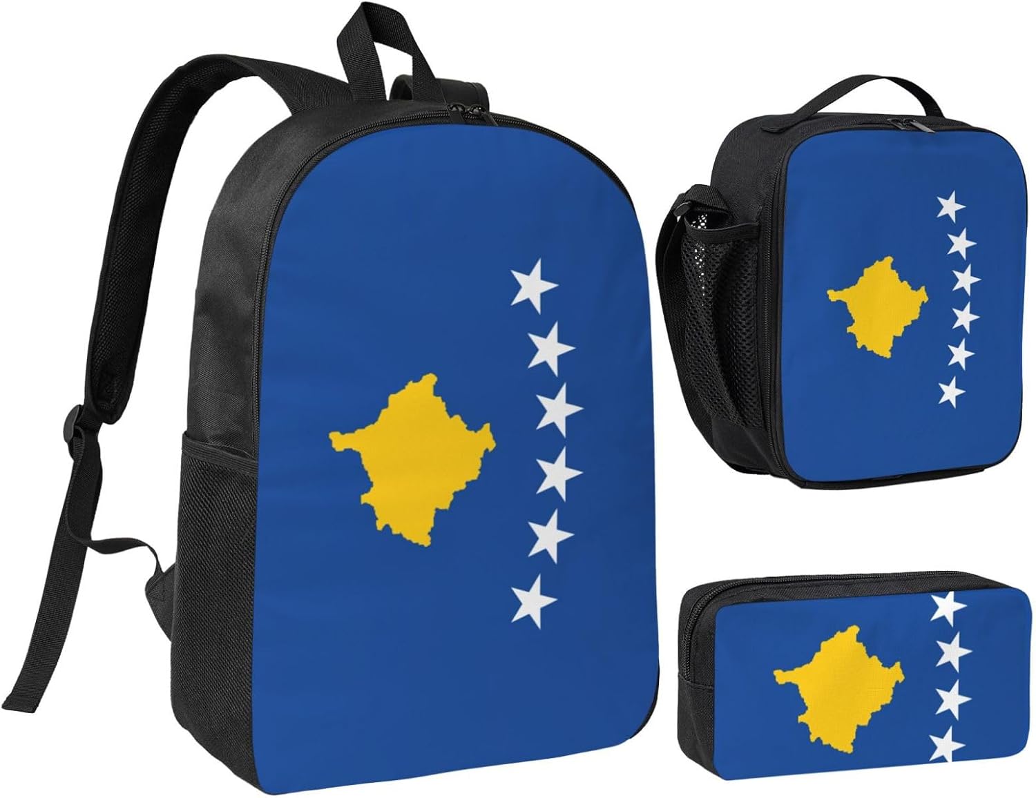 Flag of Kosovo print 3 Piece Backpack Bags with Lunch Box Pencil Case Set for Travel Work Camping Unisex