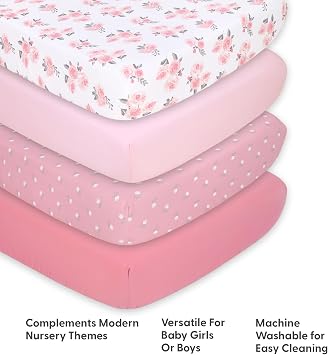 The Peanutshell 4-Pack Fitted Crib Sheet Set - Super Soft & Breathable Baby Girl Crib Sheets, Nursery Decor, Fit for Standard Mattress Cover- Pink Roses and Ditsy