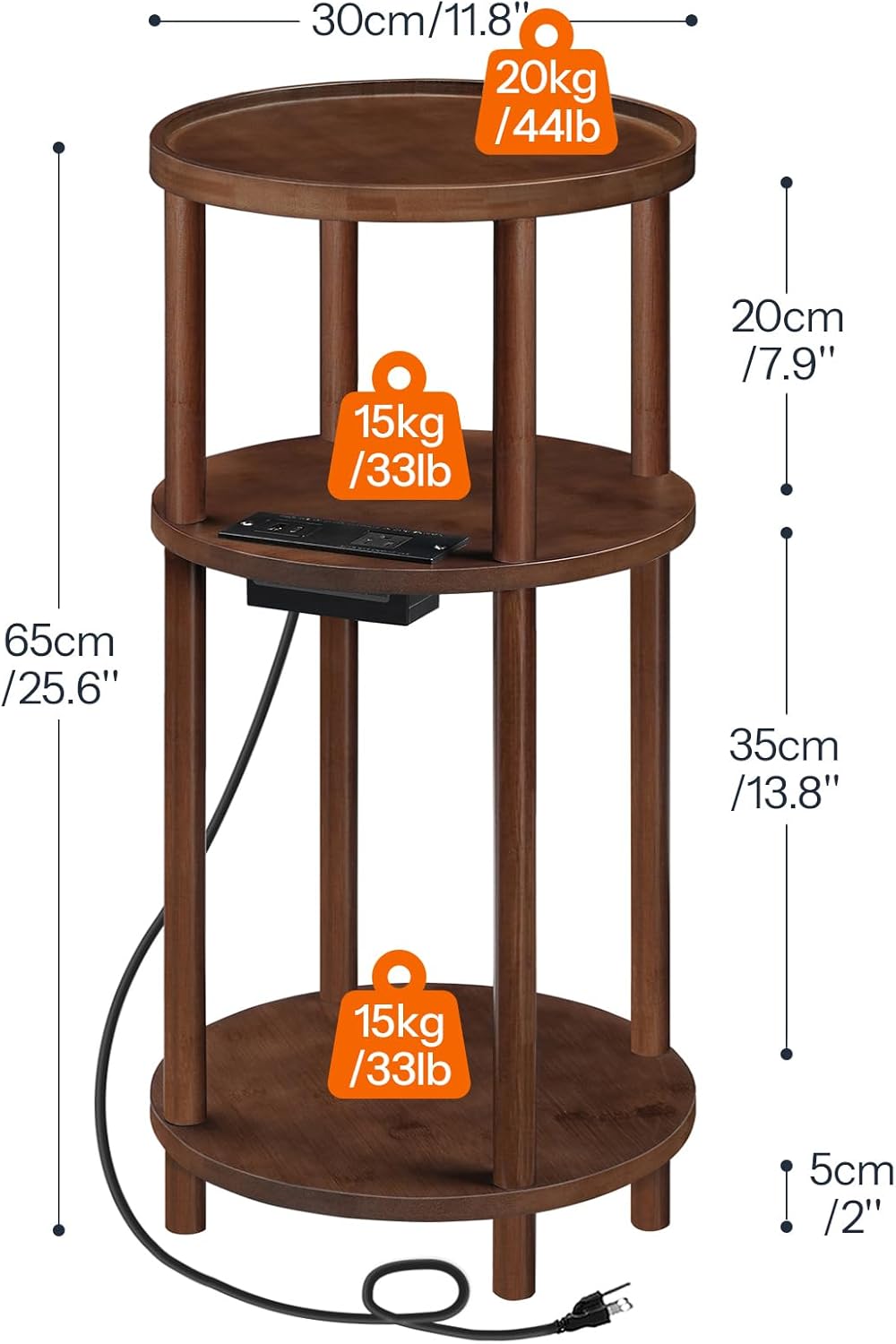 HOOBRO Small Round Side Table with Charging Station, 3-Tier Round Bamboo End Table, Compact Sofa Bedside Table for Small Space, Easy Assembly, for Living Room, Bedroom, Apartment, Mocha MA152UBZ01