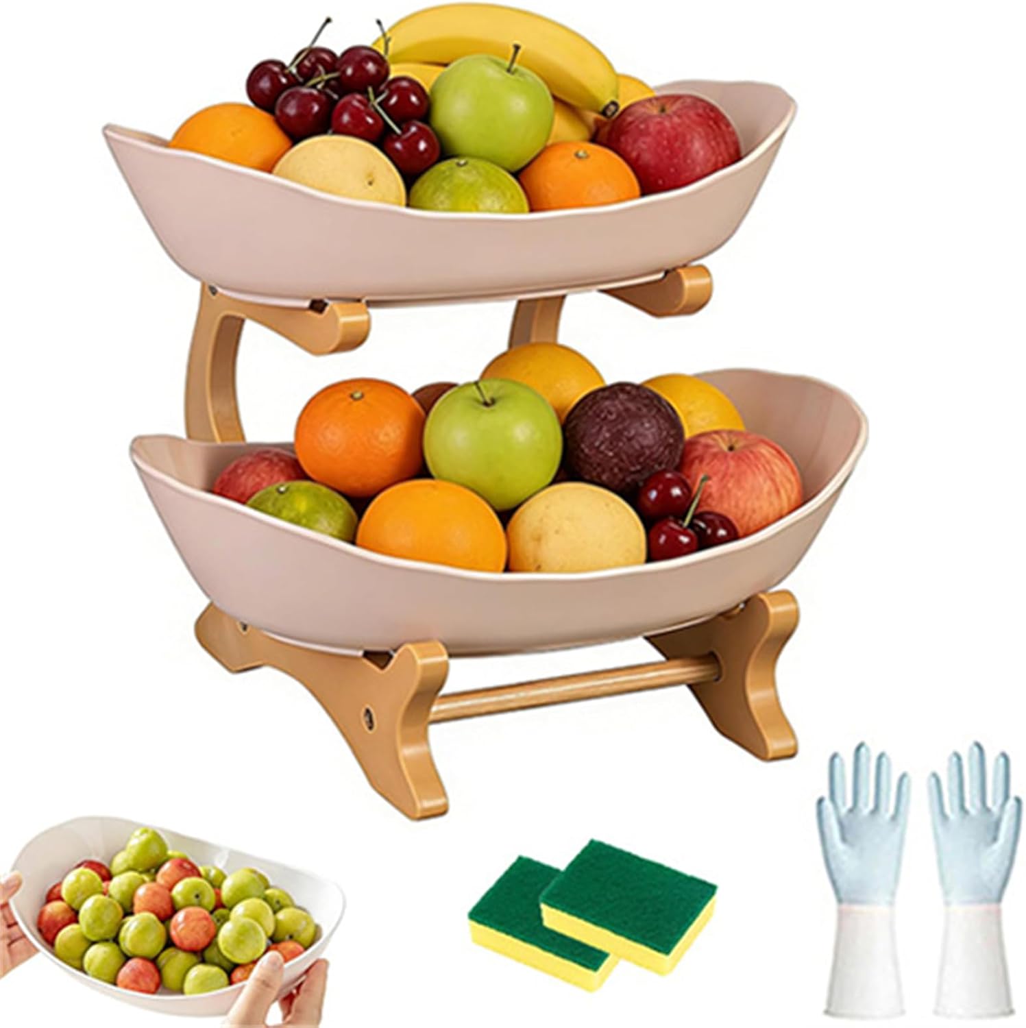 3 Tier Countertop Fruit Organizer Basket for Kitchen Counter, 3-Tiers Oval Fruit Basket with Bamboo Stand, Fruits Bowls and Bamboos Stand, With Bamboo Frame for Vegetable Display (White* 2-Tier)