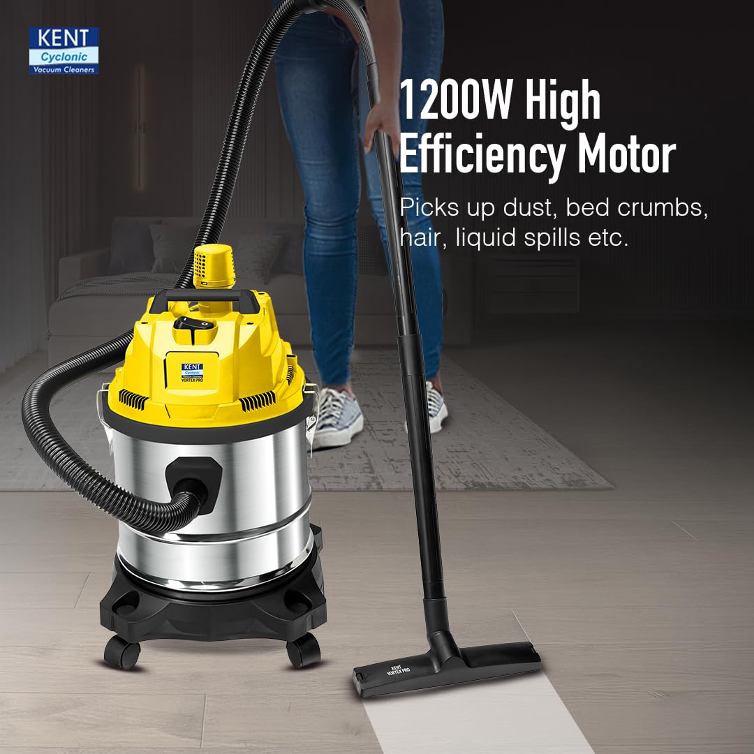 KENT Vortex Pro Wet & Dry Vacuum Cleaner | Blower Function | 1200W Power & 20L Capacity | High Suction 18 kPa | Cyclone5 Technology | HEPA Filter | SS Body & Rubberised Wheels | Black & Yellow 2