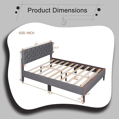 Miniatura 2 de TMEOSK Base de cama tapizada de lino de tamaño matrimonial con cabecera cómoda, plataforma moderna de mediados de siglo con soporte de listones de
