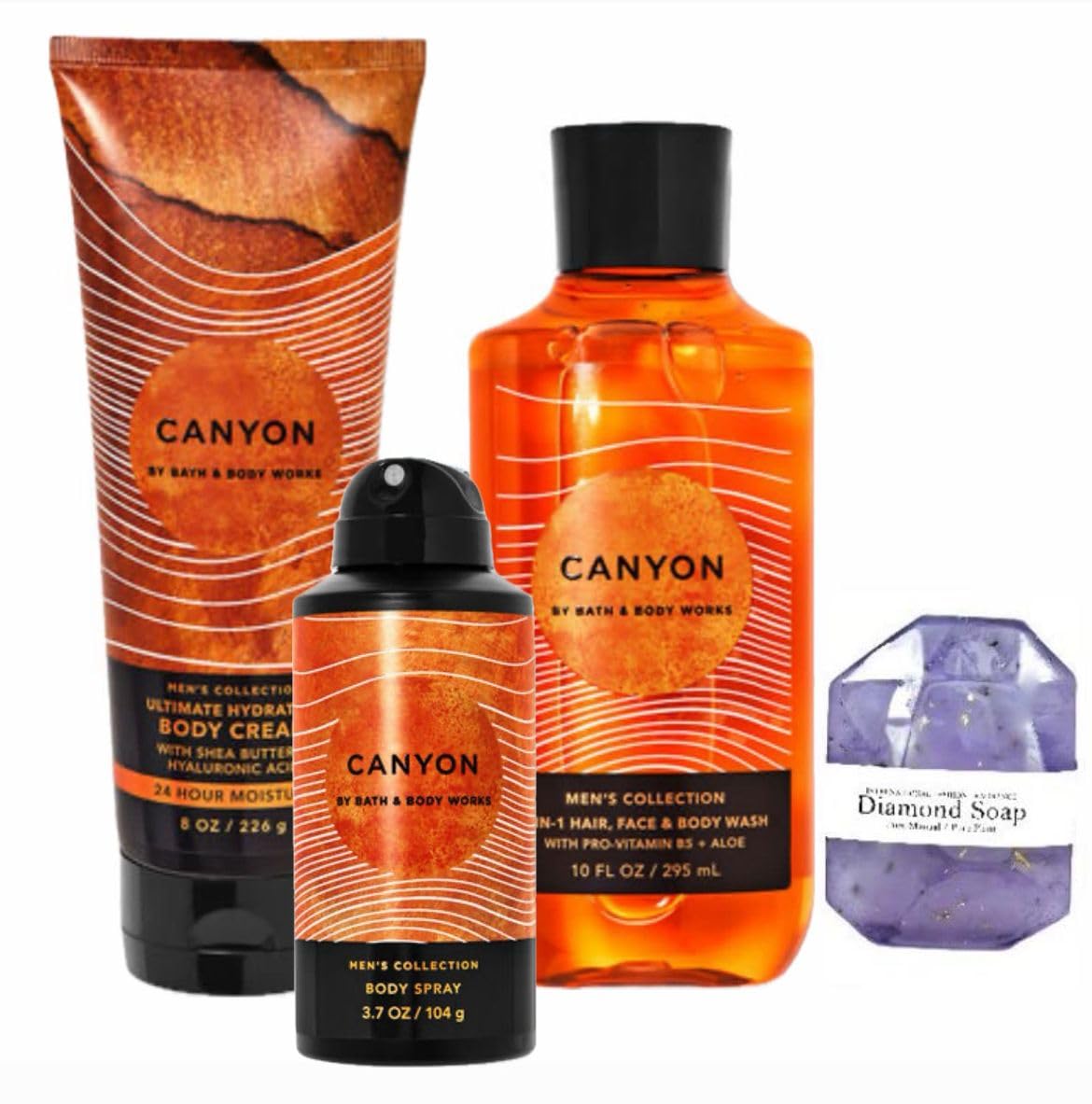 White Barn - Bath & Body Works - Men's Collection - 3 Piece Bundle - Spray - Body Cream - Shower Gel and Diamond Soap Soap (Canyon), Beige