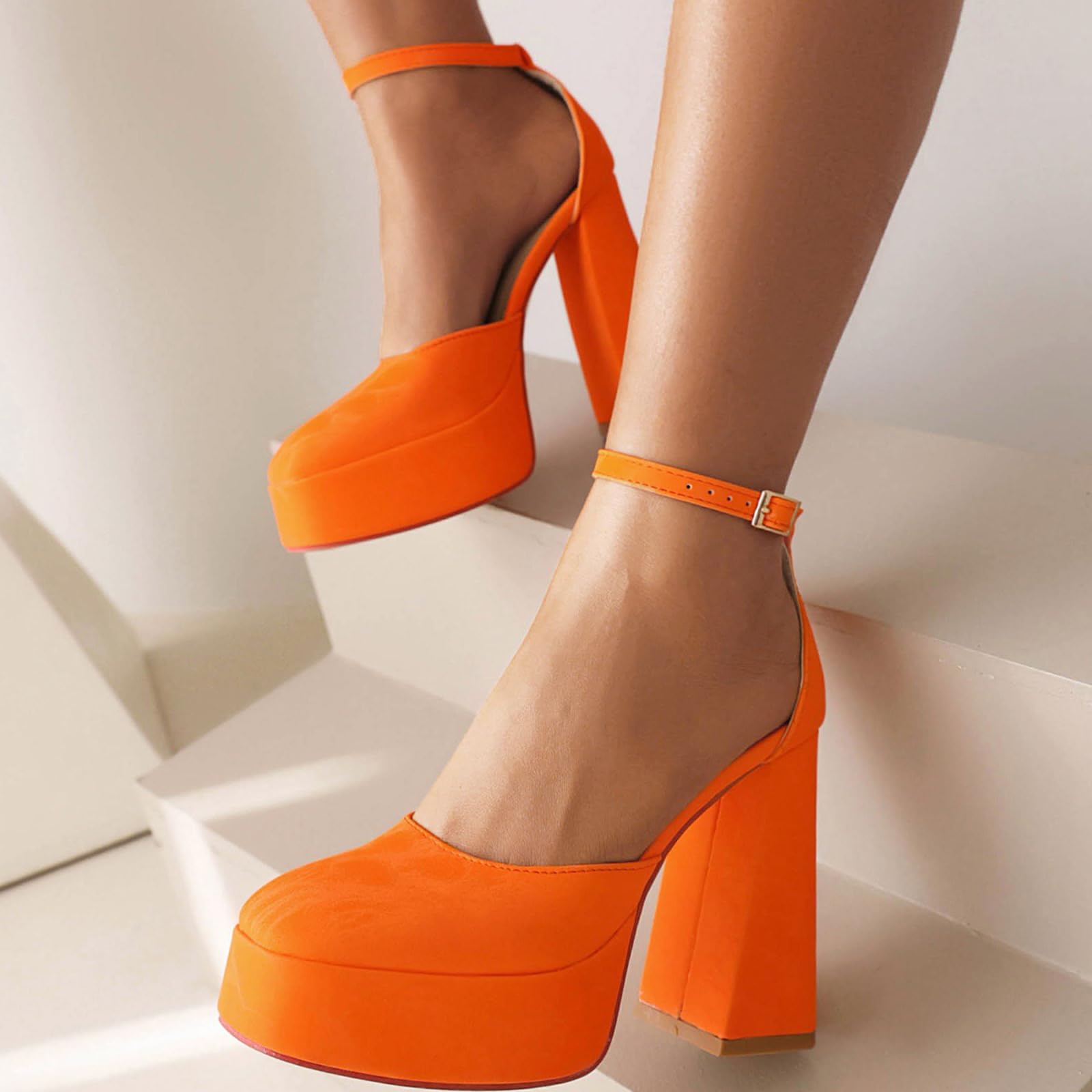 Zapatos de tacón grueso de 12 cm con correa de tobillo y puntera cerrada
