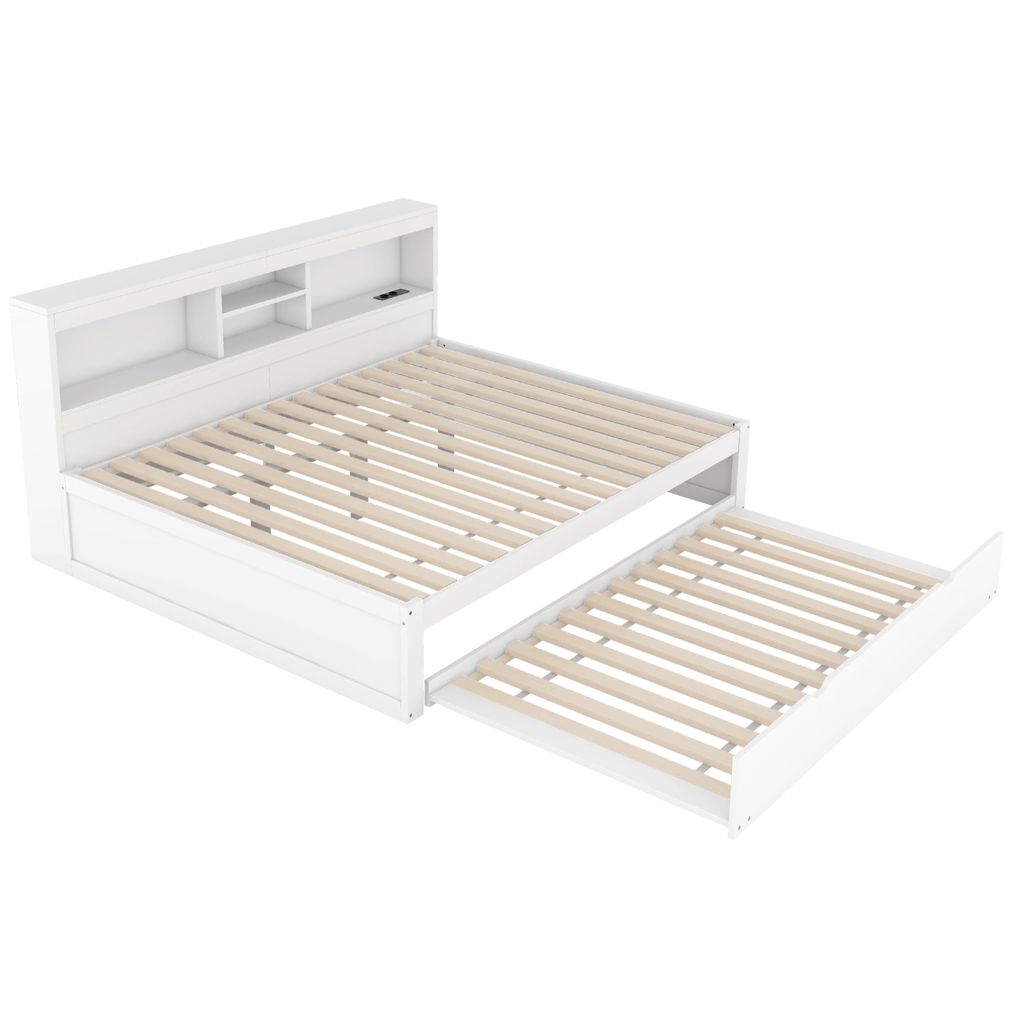 Gegtuon Doppelbett Holzbett 140x200 mit LED-Licht & USB-Buchse für Kinder, Jugendbett Funktionsbett mit Ausziehbares Bett und Stauraum Regal, Bettgestell mit Lattenrost aus Holz, ohne Matratze, Weiß