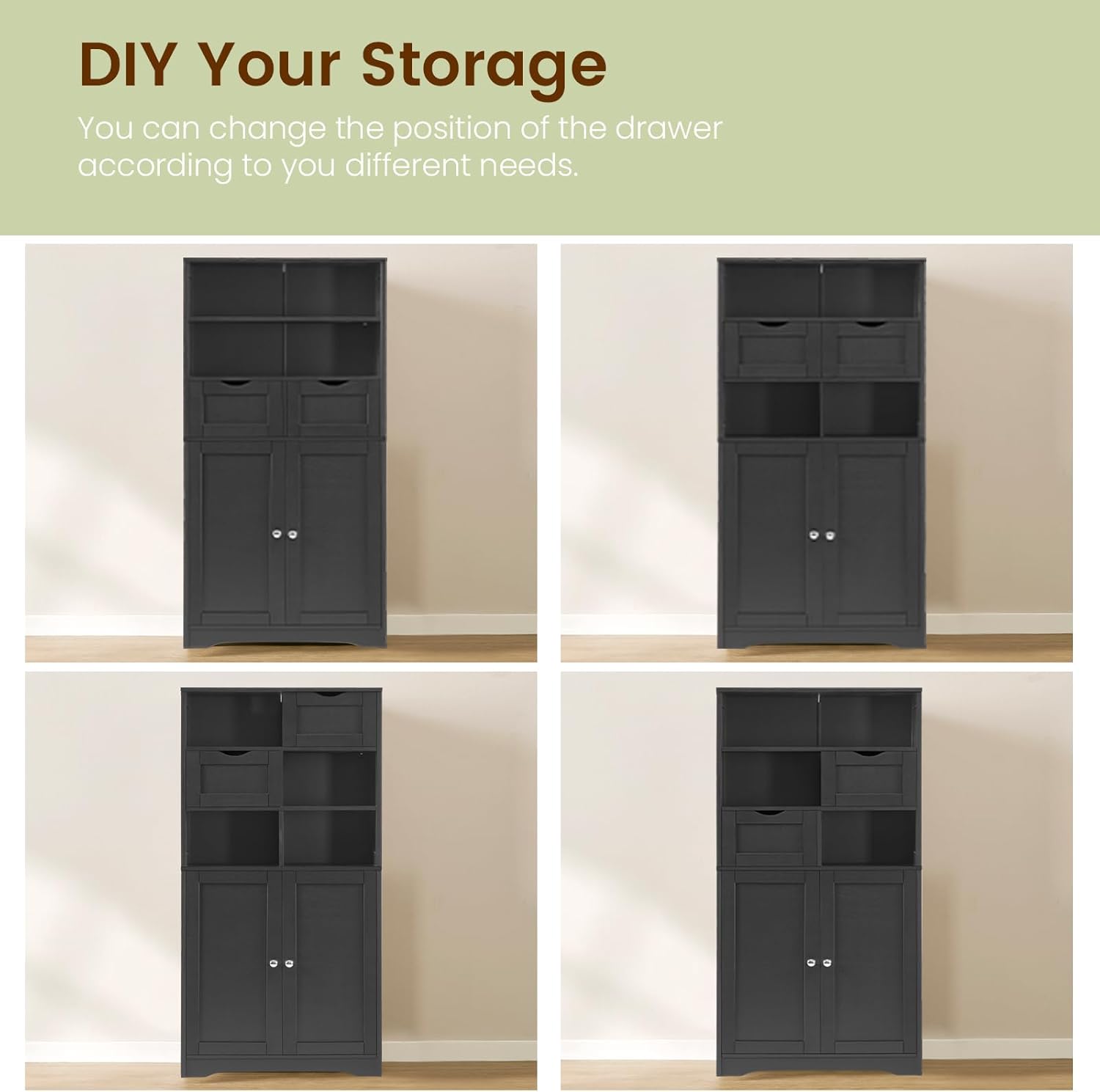 Image demonstrating various configurations for the Iwell Tall Bathroom Storage Cabinet, showing how drawers and shelves can be rearranged.