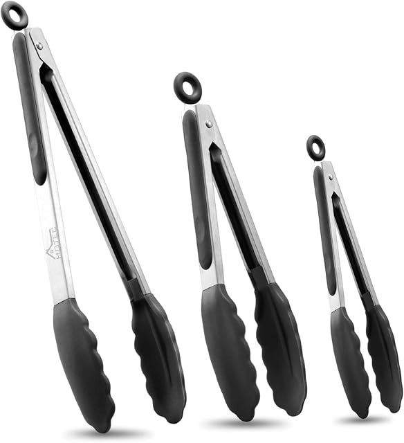 Hotec Premium Stainless Steel Locking Kitchen Tongs with Silicon Tips, Set of 3-7", 9" and 12" (Black)