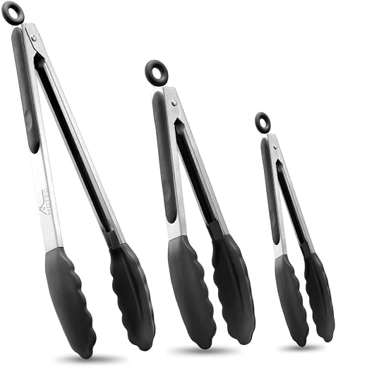 HOTEC Premium Stainless Steel Locking Kitchen Tongs with Silicon Tips, Set of 3-7", 9" and 12" (Black)