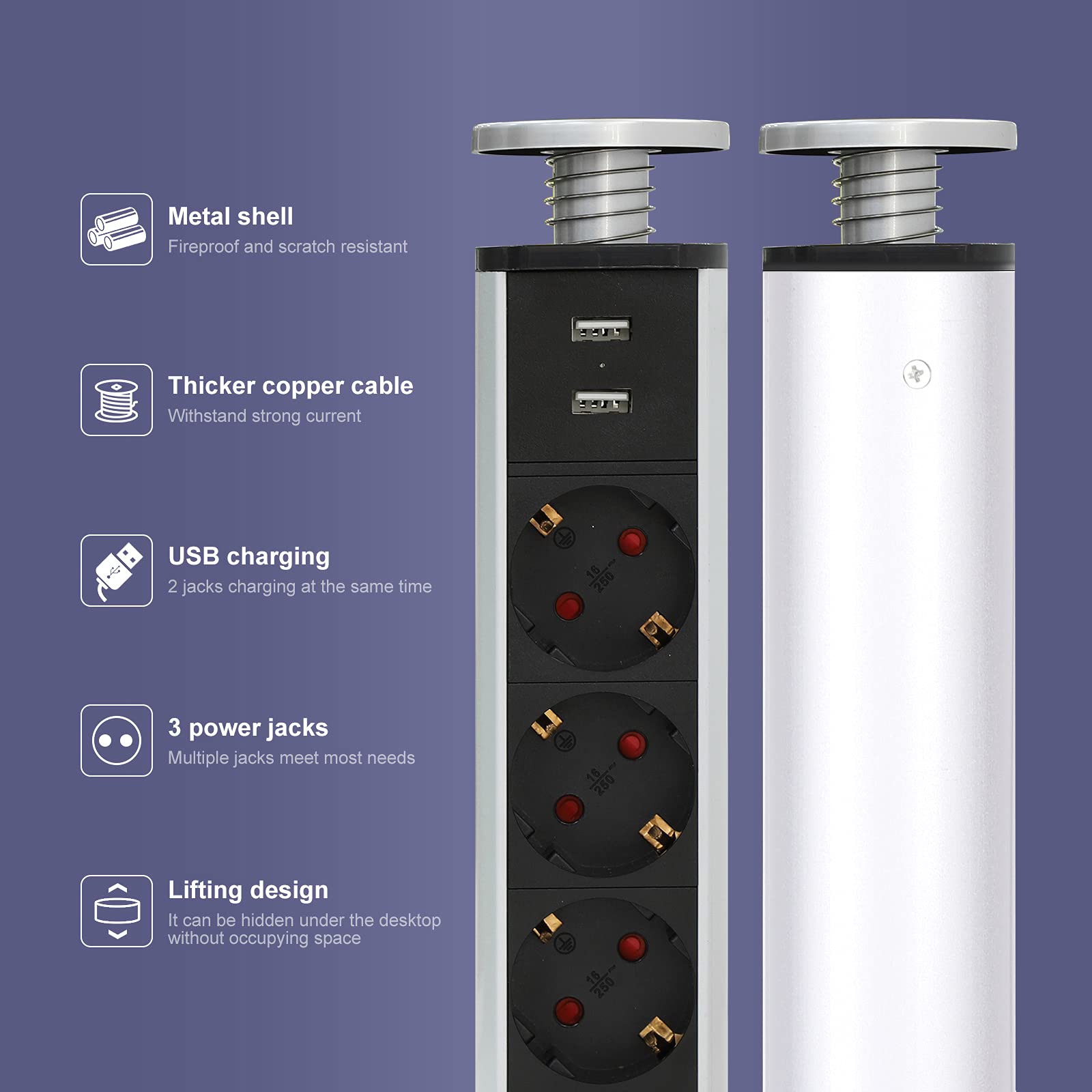 2 ciabatte multipresa a scomparsa con USB, 3 prese da incasso | Con protezione da sovratensione, cavo da 1,8 m e design salvaspazio per cucina, scrivania e home office