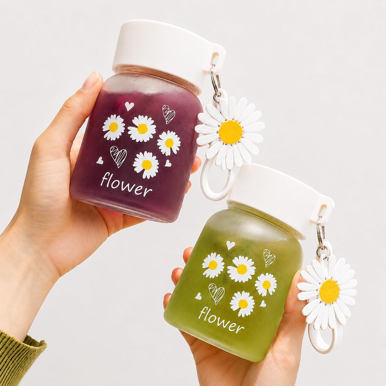 MOOZICO Cute Flower Glass Water Bottle with Lid & Daisy Keychain | Frosted Aesthetic Reusable Milk Juice Coffee Tumbler | Leak Proof Eco-Friendly Travel Cup for Girls & Women - 300ml (2 Pcs)
