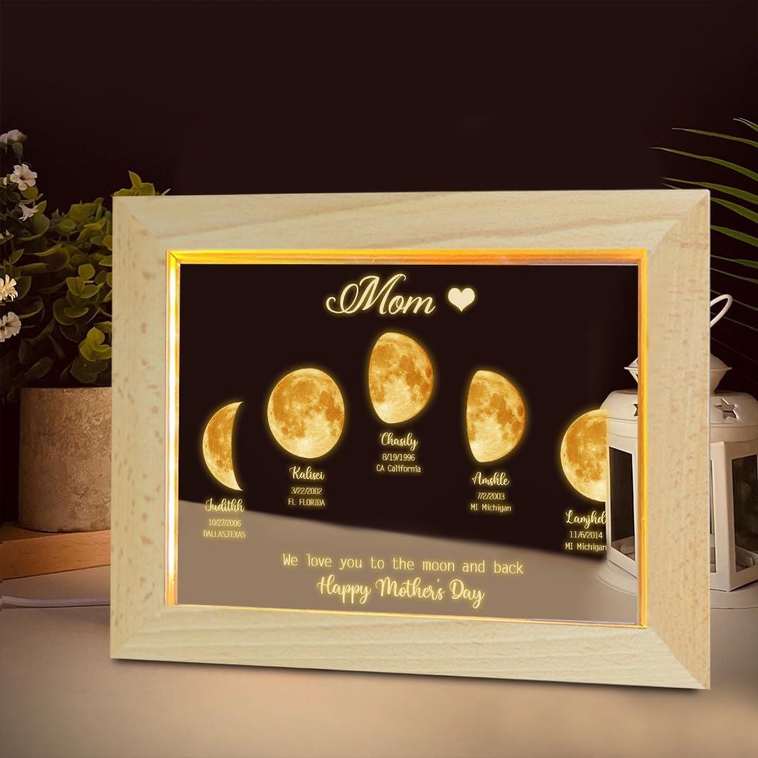 ASD Jewerly This is What The Moon Looked Like,Personalized Mother's Day Moon Phase Night Light,Custom The Day You Becom My Mom Frame, Night We Met Art Decor Birthday Gifts