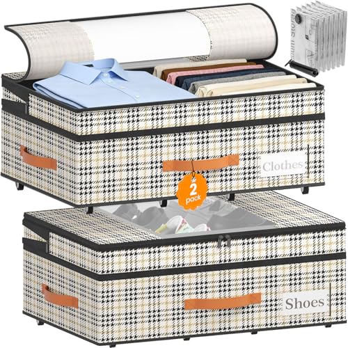 2-Pack Under Bed Storage with Wheels and 6 Vacuum Seal Bags, Adjustable Height 7.9"-10.2",63L Clear Lid Expandable Organizer for Bedding Blankets Clothes Shoes Toys, Space Saving Quick Assembly