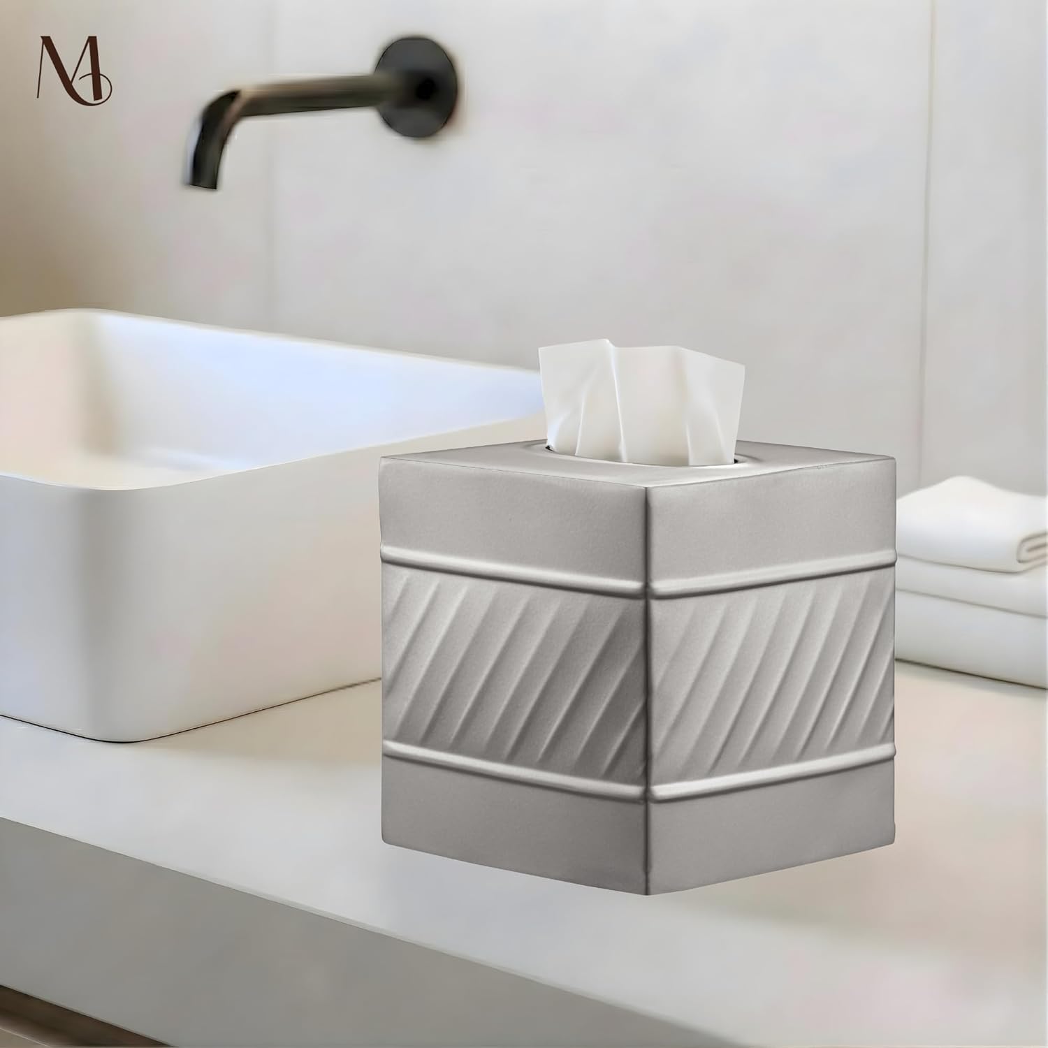 Monarch Abode Tissue Box Cover Square – Handcrafted Wave Embossed Pewter Metal Tissue Holder Box for Bathroom Accessory, Aesthetic Decorative Facial Napkin Cube for Modern Home Decor