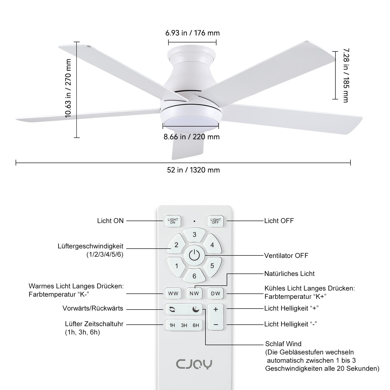 CJOY 132cm Deckenventilator mit Beleuchtung Fernbedienung Leise Dimmbar Umkehrbar Speicher 3CCT Weiß Holzmaserung