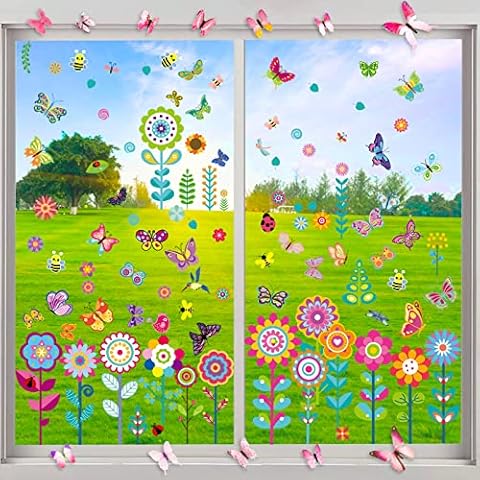 9 Blätter + 12Pcs Fensterbilder Blumen Schmetterlinge Selbstklebend 3D Wandaufkleber Schmetterlinge Abziehbilder Fenstersticker Wandtattoo für Wohnzimmer Kinderzimmer Sommer Frühling Cover