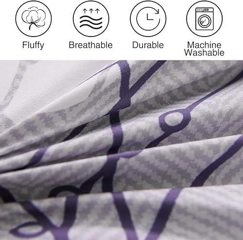 Miniatura 8 de Holawakaka Juego de edredón floral Queen de 6 piezas, cama en una bolsa, flores moradas impresas en gris, juego de ropa de cama botánica de