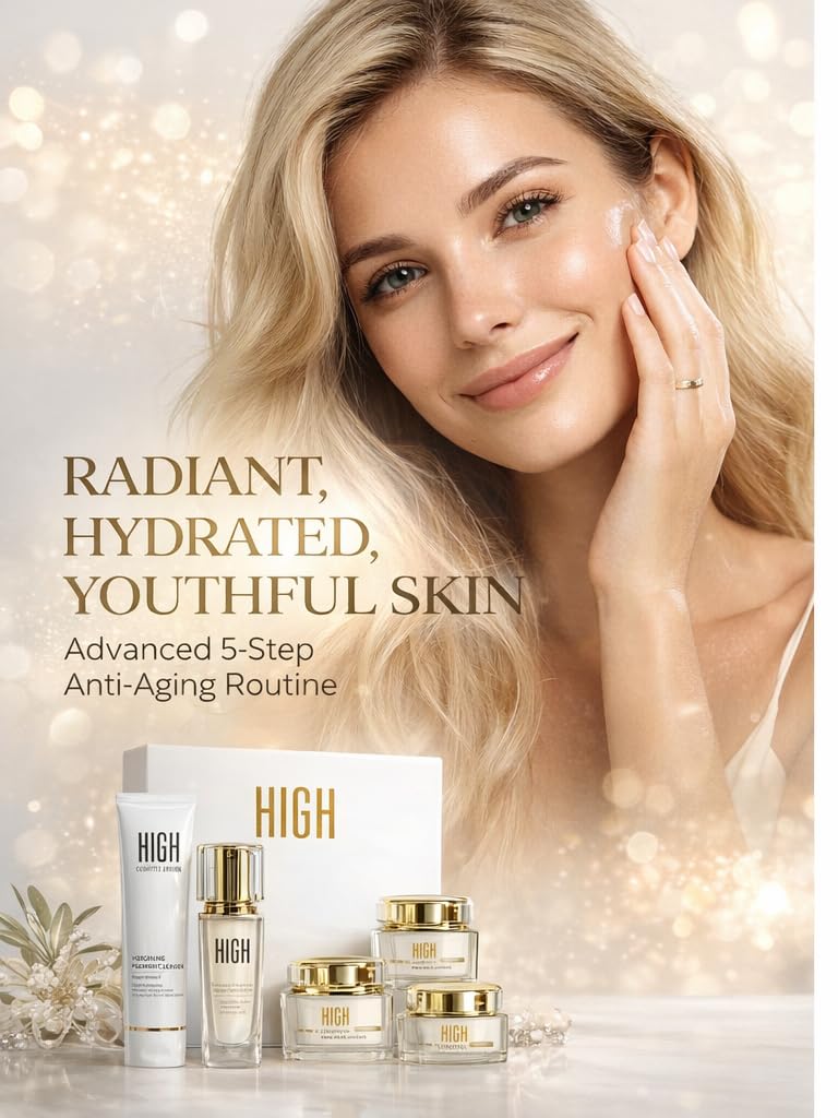 Skincare Set with Retinol & Vitamin C – 5-Step Complete Face Care Routine, Night Cream, Eye Cream, Cleanser & SPF 30 ,Anti-Aging ,by HIGH COSMETIC AGENCY