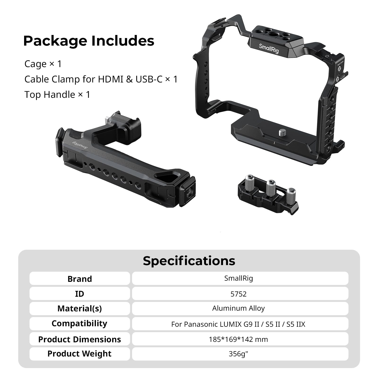 SMALLRIG Cage Kit für Panasonic G9 II / S5 II / S5 IIX mit NATO-Topgriff, Kabelklemme für HDMI & USB-C, integrierter Schnellwechselplatte für Arca, 1/4"-20 & 3/8"-16 Gewindebohrungen – 5752