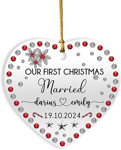 Adornos personalizados de corazón para la primera Navidad, regalos para pareja de recién casados 2024, adorno de nuestra primera Navidad casado