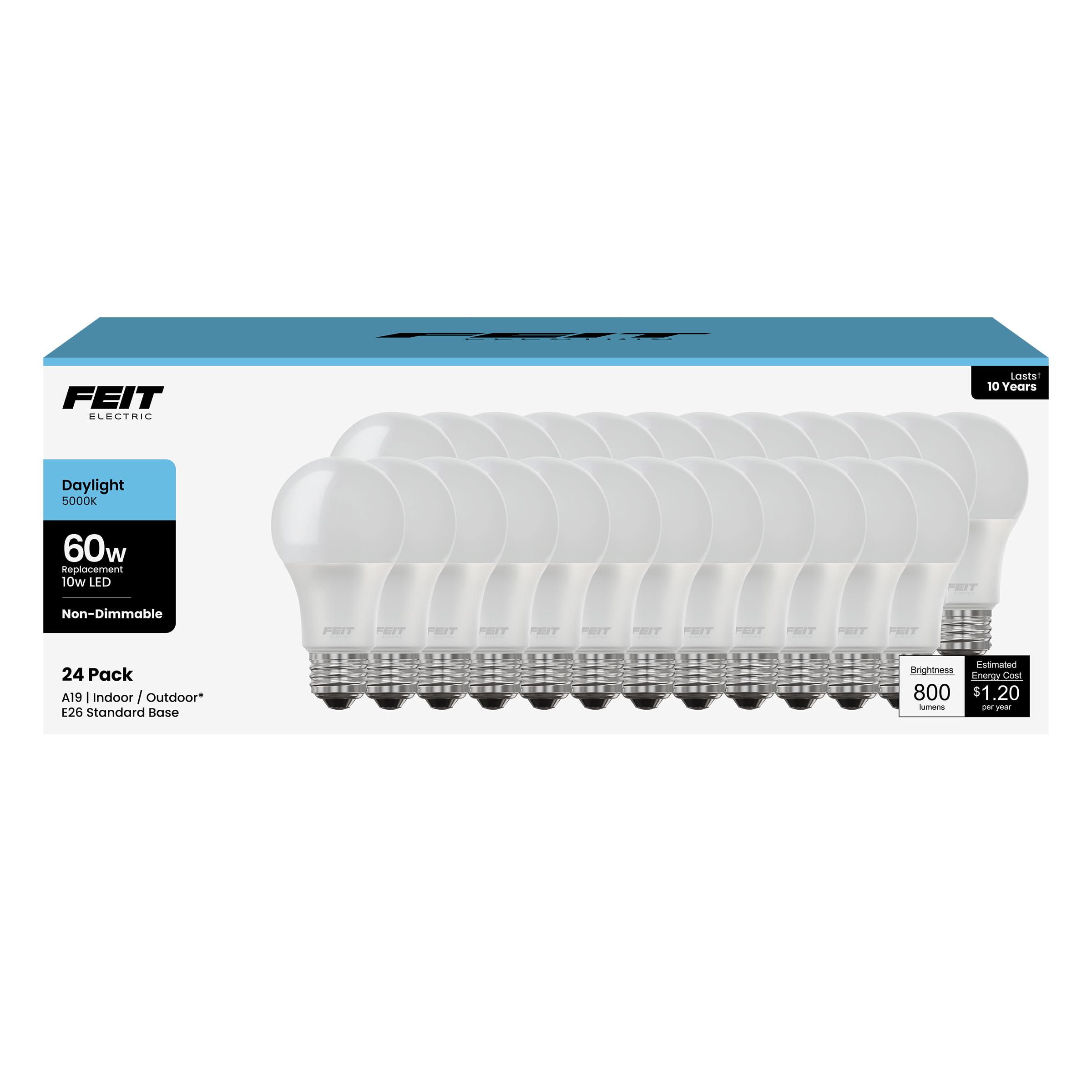 Feit Electric A19 LED Light Bulbs, 60W Equivalent, Non Dimmable, 800 Lumens, E26 Standard Base, 5000k Daylight, 80 CRI, 10 Year Lifetime, Energy Efficient, 24 Pack, A800850/10KLED/MP/24
