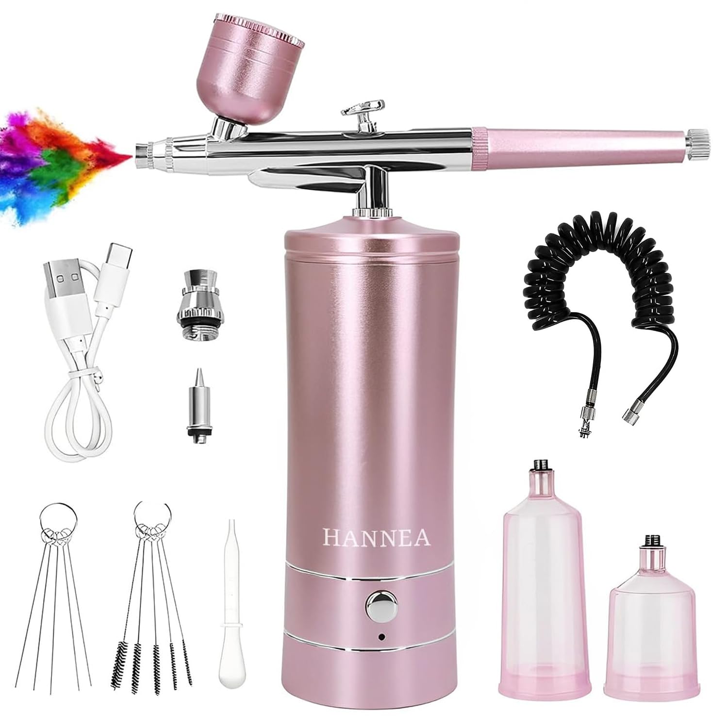 HANNEA®Airbrush Kit, Cordless Rechargeable Air Brush Kit with Airbrush Compressor, Airbrush Set PortableHandheld Airbrush Gun for Barber, Cake Decor, Makeup, Nail Art, Model Painting (Pink)
