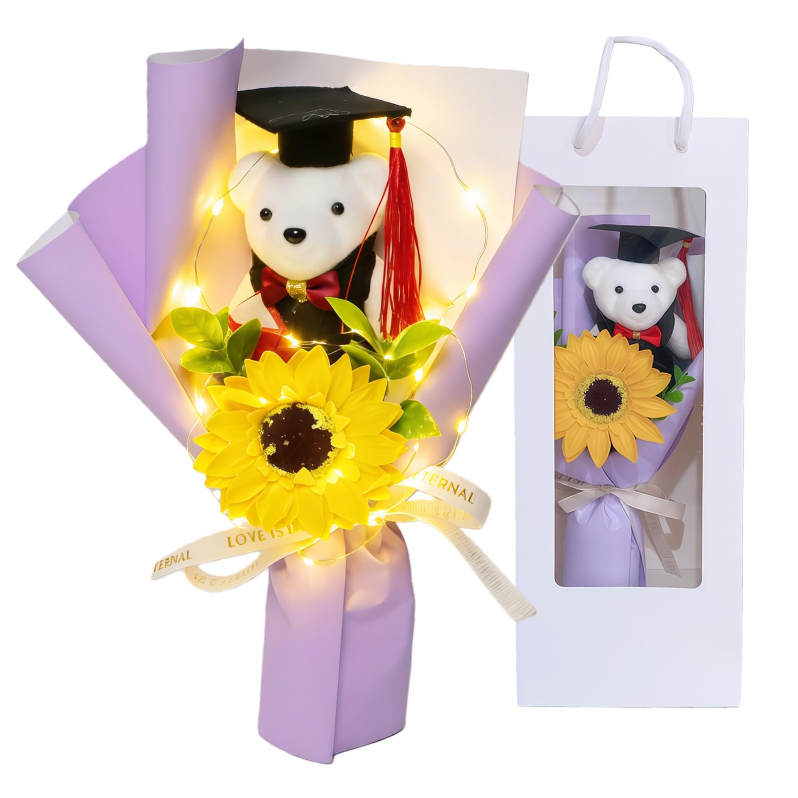 AWSOLAR Graduation Bear Bouquet, Graduation Bouquet with Sunflower Artificial Flowers for Celebration Ceremony โ image 1
