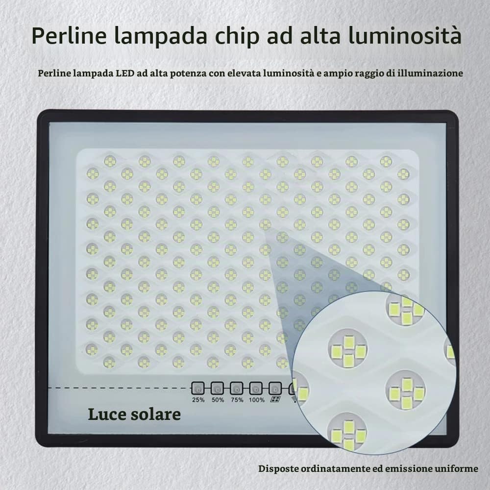 Faro Led Esterno con Pannello Solare,200W 200LEDs Faretti Solari a LED Esterno,Fari Led da Esterno con Pannello Solare con Telecomando è Funzione Timer,con 8M Estensore per Giardino e Cortile