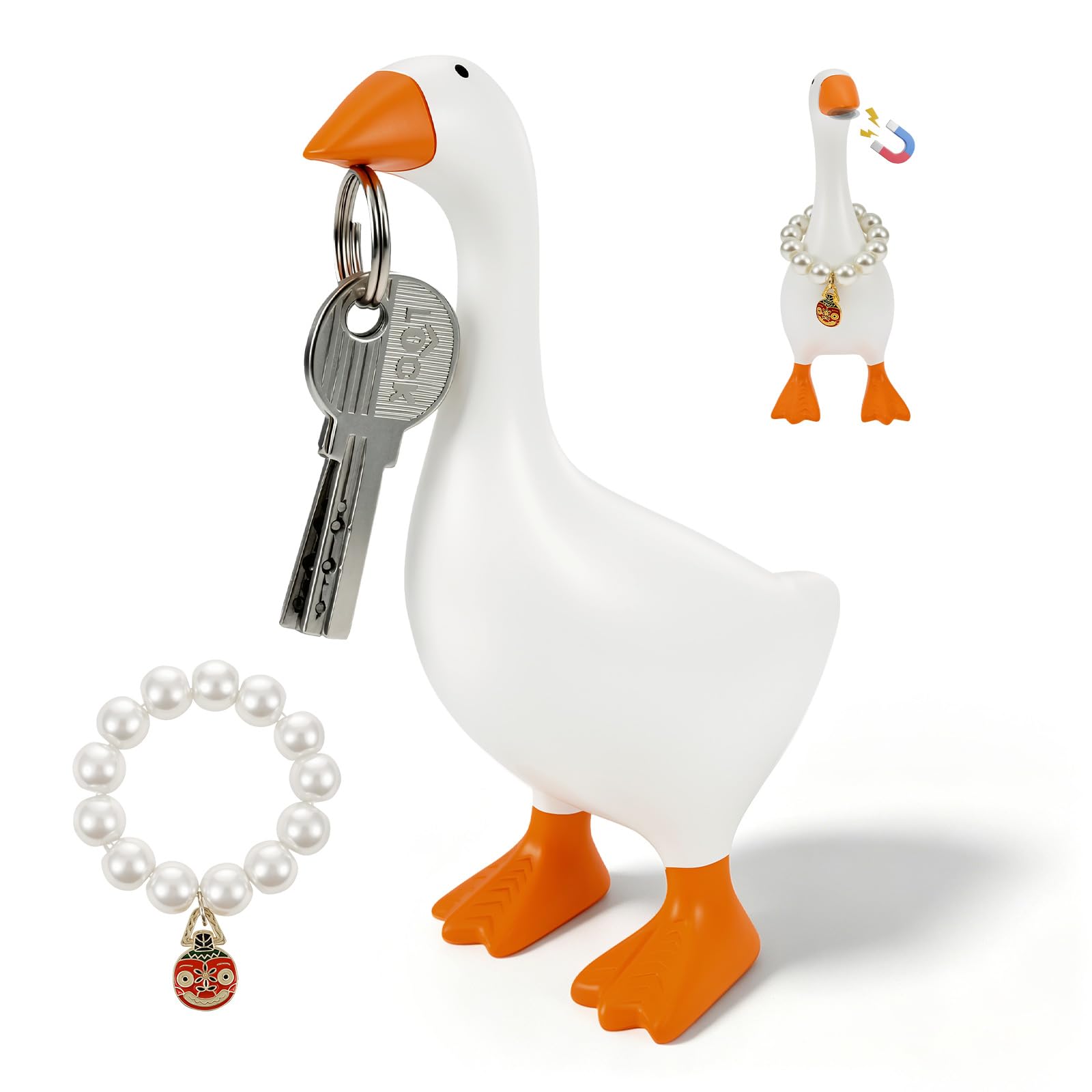 BOBASH Magnetic Desk Goose Statue 6.7 inch, Resin Goose Key Holder with Necklace, Funny Desktop Figurine Home Office Table Decor, Cute Housewarming Present