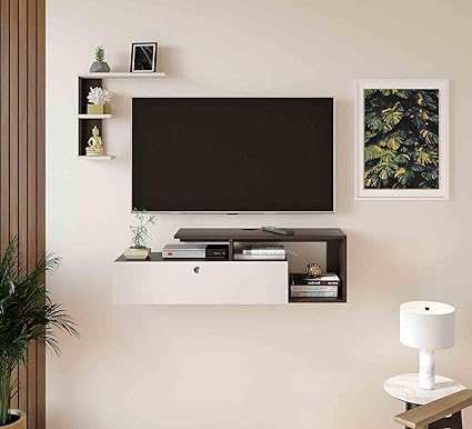 FURNEASER Exteller Engineered Wood Wall-Mount TV Unit for Living Room Set Top Box Stand Entertainment Unit with Display Shelves Rack, for Upto 43 Inch TV (Wenge & White)