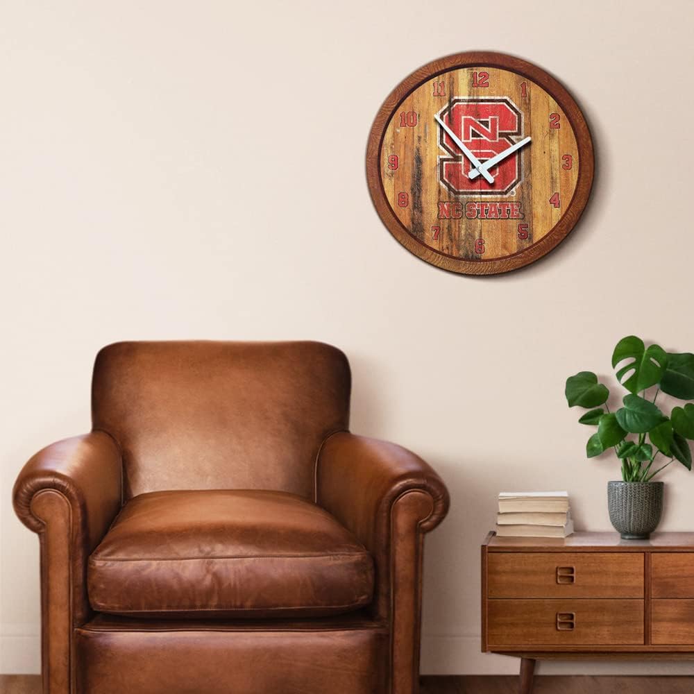 The Fan-Brand NCAA NC State Wolfpack: Weathered Faux Barrel Top Wall Clock Sports Team Bar Sign Décor - Home Man Cave, Party Decoration - Made On Demand
