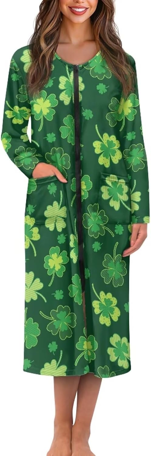 Women's Zipper Robe Long Sleeve Pajamas Set Nightgown Crew Neck Sleepshirt Full Length Loungewear with Pocket