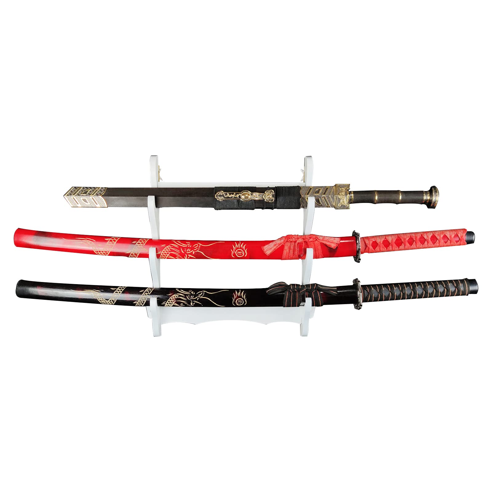 Elitebloom White 1-6 Tier Sword Holder Wall Mount Samurai Sword Stand Display Wall Hanger Sword Racks, Martial Art Stands - Wooden Multilayer Floor Standing Sword Hanger ( 3)