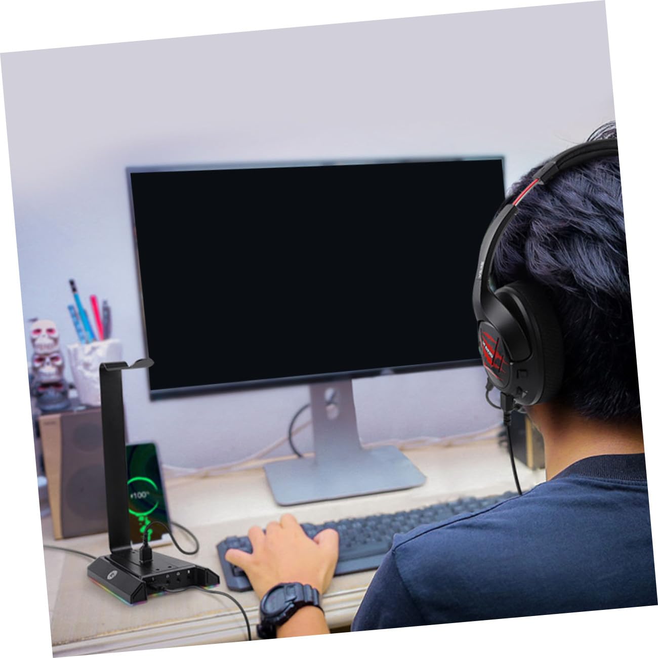 PRETYZOOM Soporte para Auriculares Gaming de Sobremesa Puerto USB | Antideslizante, Vertical para Ordenador, Abs Negro, Conexión Portátil y Carga Rápida