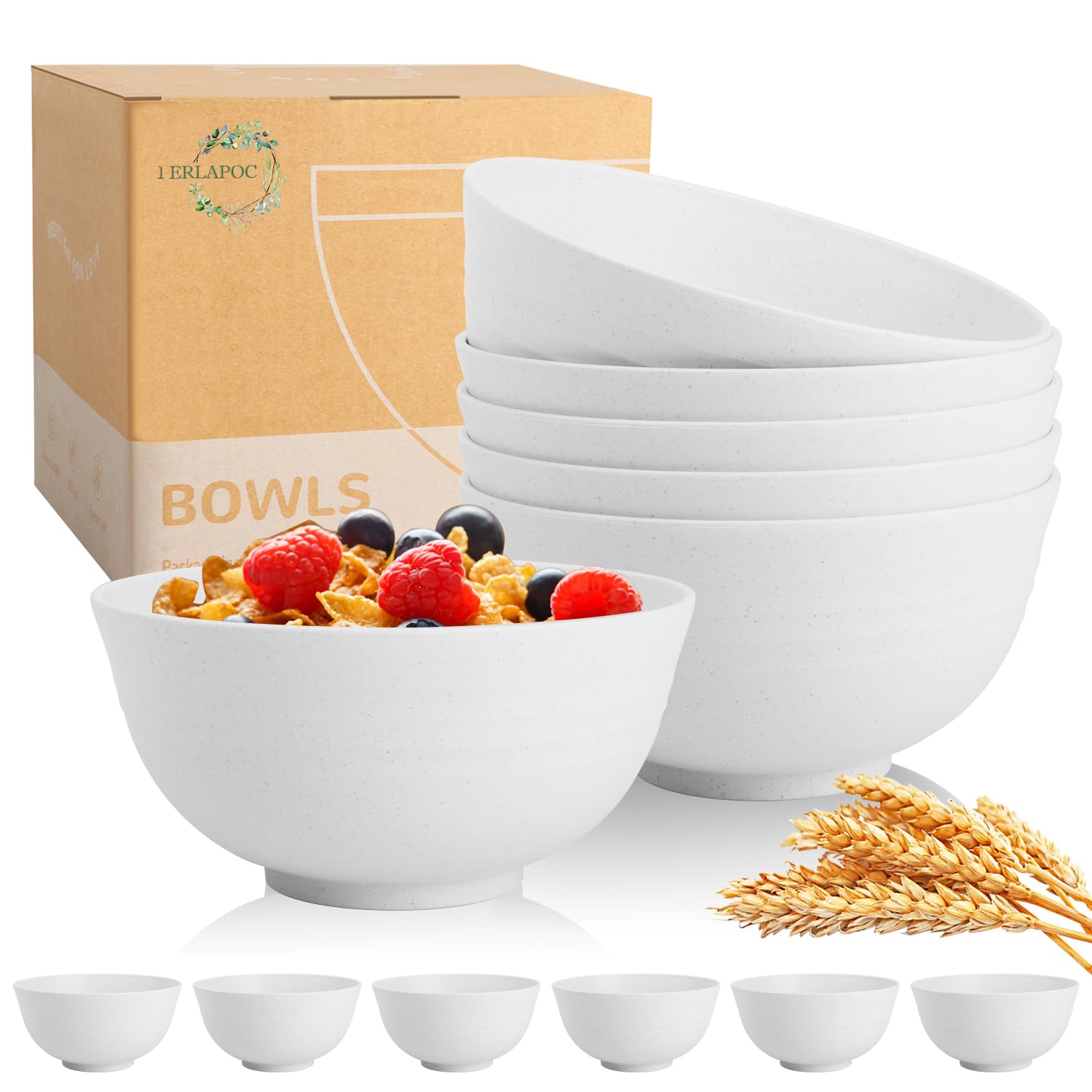 Wheat Straw Bowls 26 OZ, Plastic Bowls Reusable, Unbreakable Cereal Bowls Set of 6, Small Soup Bowl Salad Bowl for Kitchen, Microwave &amp; Dishwasher Safe, White