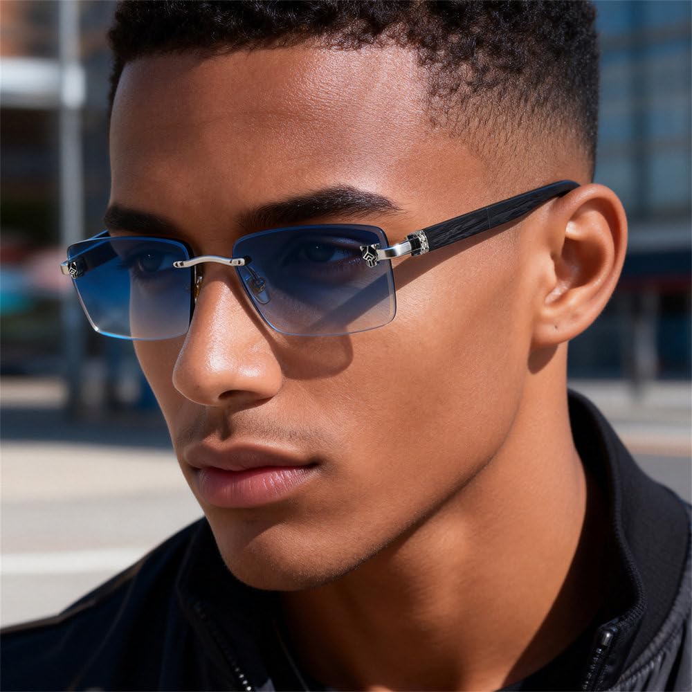 Modische rahmenlose Sonnenbrille für Damen und Herren (2026), Bügel in Retro-Holzoptik, polarisierte Gläser mit Sonnenschutz