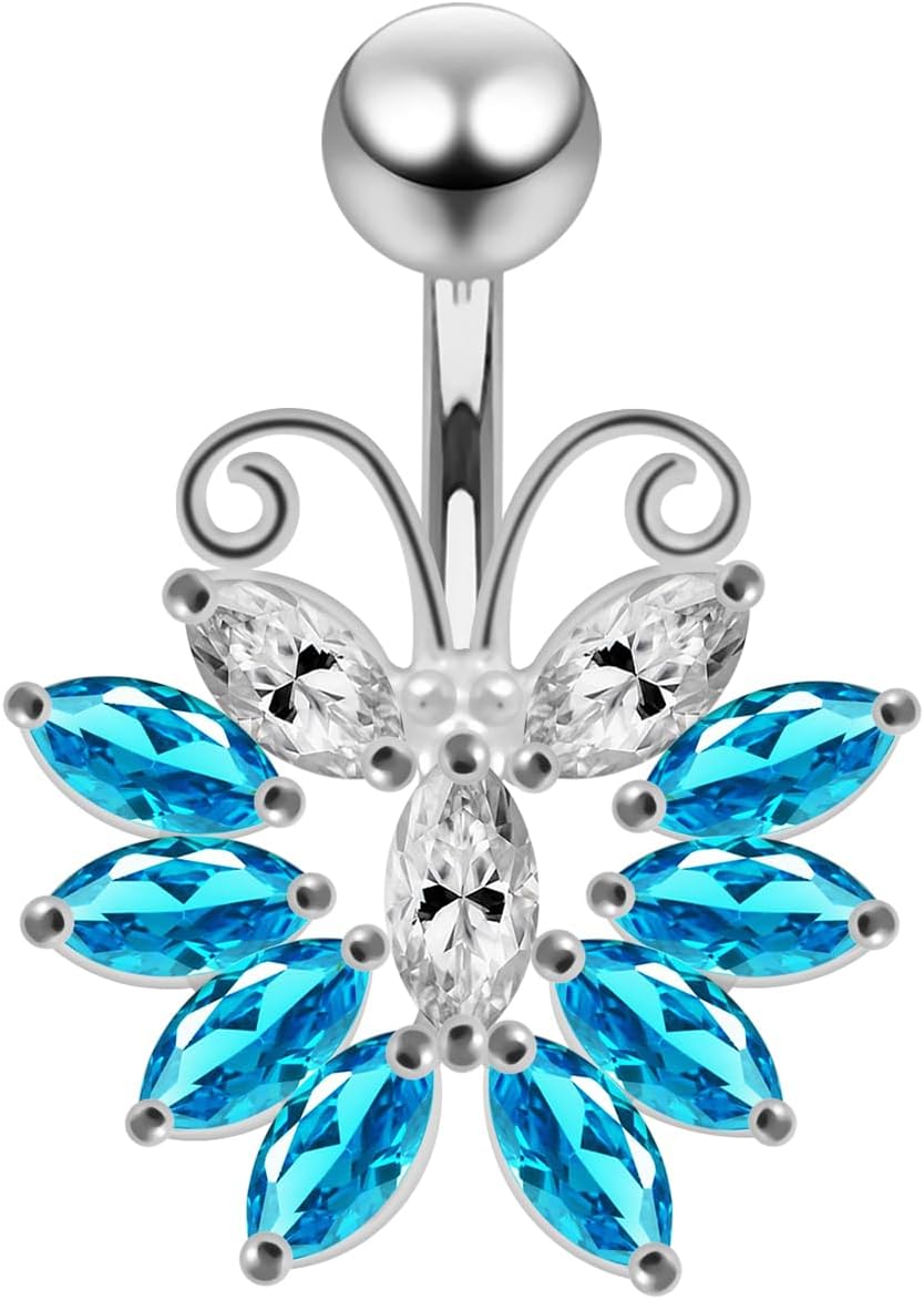 Fancy Marquis Butterfly Design 925 Sterling Silver with Stainless Steel Belly Ring - Belly Button jewelry - Navel jewelry