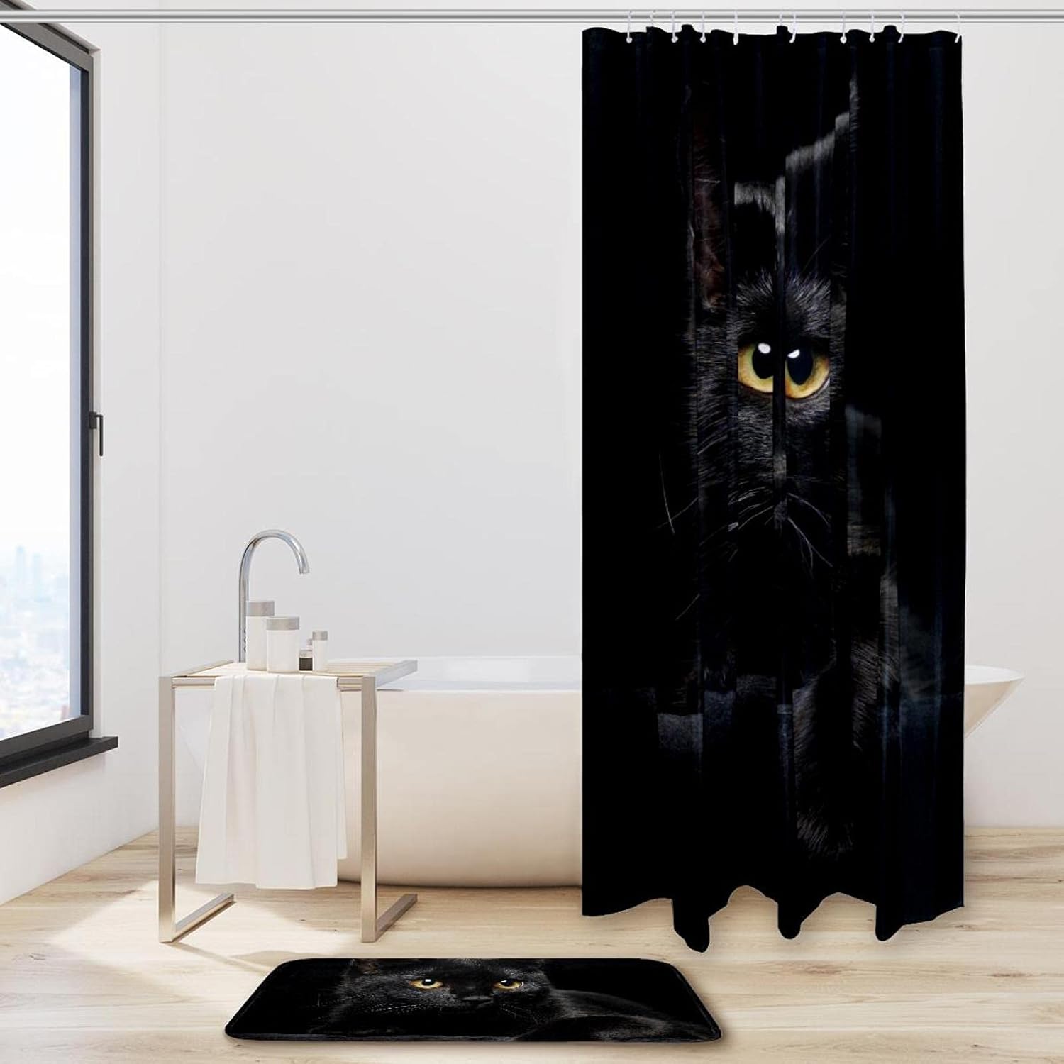 KXO Black Cat with Yellow Eyes, Waterproof Shower Curtain and Mat Set Polyester Bathroom Curtain and Rug Set with Hooks 70.8"x70.8"