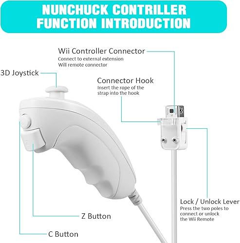Miniatura 2 de Controlador Wii Nunchuck, paquete de 2 controladores Nunchuk de repuesto para consola Wii U (blanco)