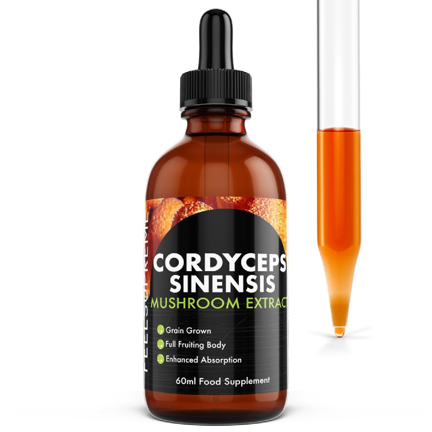 Feel Supreme - Cordyceps Mushroom Extract Supplement - High Strength 10:1 Nootropic Drink for Energy, Heart Health, Immune System Booster - Mushroom Supplement, Womens and Mens Vitamins - 60ml