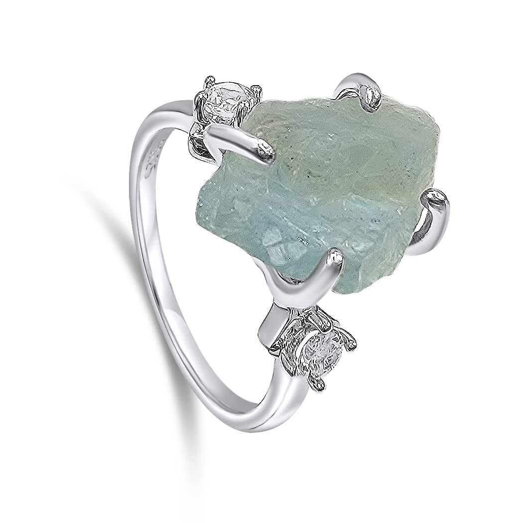 Real Raw Crystal Ring Birthstone sterling silver White Gold statement Jewelry gift for her Christmas Mothers Day Birthday Valentine Statement Ring Gift Uniquelan Jewelry (aquamarine, 7)