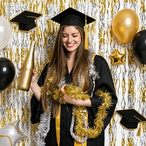 Image of GOER 3.2 ft x 8.2 ft Metallic Tinsel Foil Fringe Curtains Party Backdrop Party Streamers for Birthday,Graduation,New Year Eve Decorations Wedding Decor (4 Pcs,Gold&Silver)