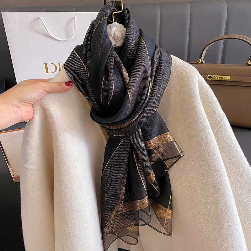 Silk Feeling Long Satin Scarf Fashion Beach Scarf Shawl Check Style Sunscreen Shawls Wraps-Lightweight Pattern - Image 2
