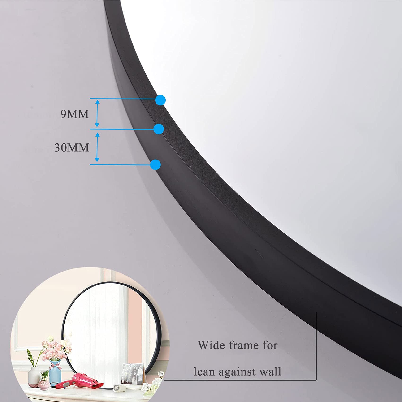 Specchio per Il Trucco,Rotondo Montato A Parete Vanity Cromato A Parete, Grande Specchio Decorativo con Cornice in Metallo per Bagno, Soggiorno, Spogliatoio Bagno Telaio in Alluminio Nero-50