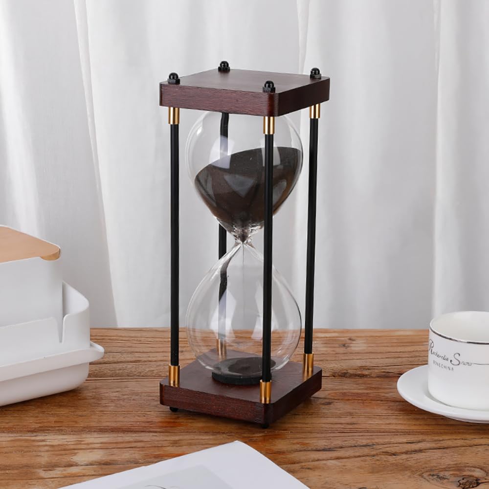 Aartner transparent Hourglass Timer 60 Minutes, Metal Wooden Frame Decorative Hourglass Black Sand, Home & Kids Room Large Gift for Adults and Kids (Black)