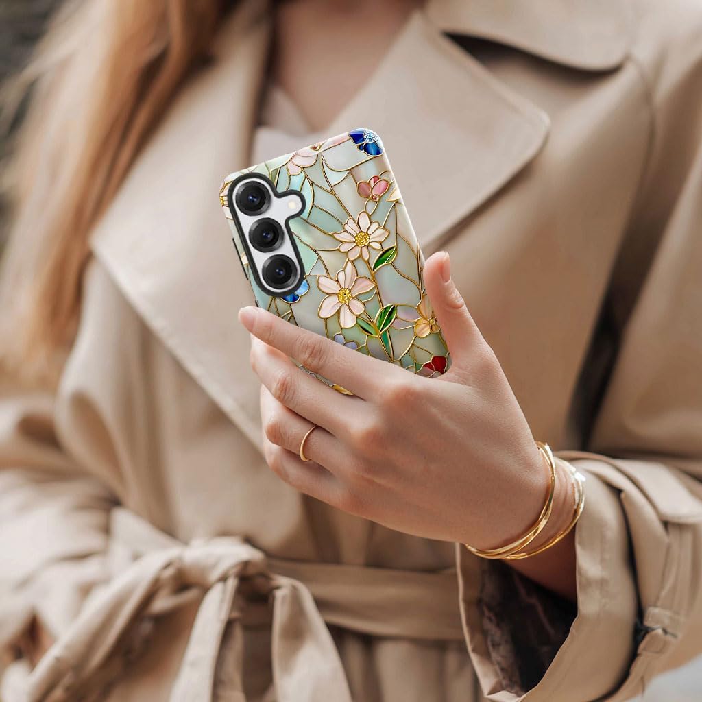 Case for Samsung Galaxy S25,Stained Glass Bloom Flower Phone Case Drop Resistant Glossy 2 in 1 Solid Dual-Layer Cover for Girl Women - Image 7