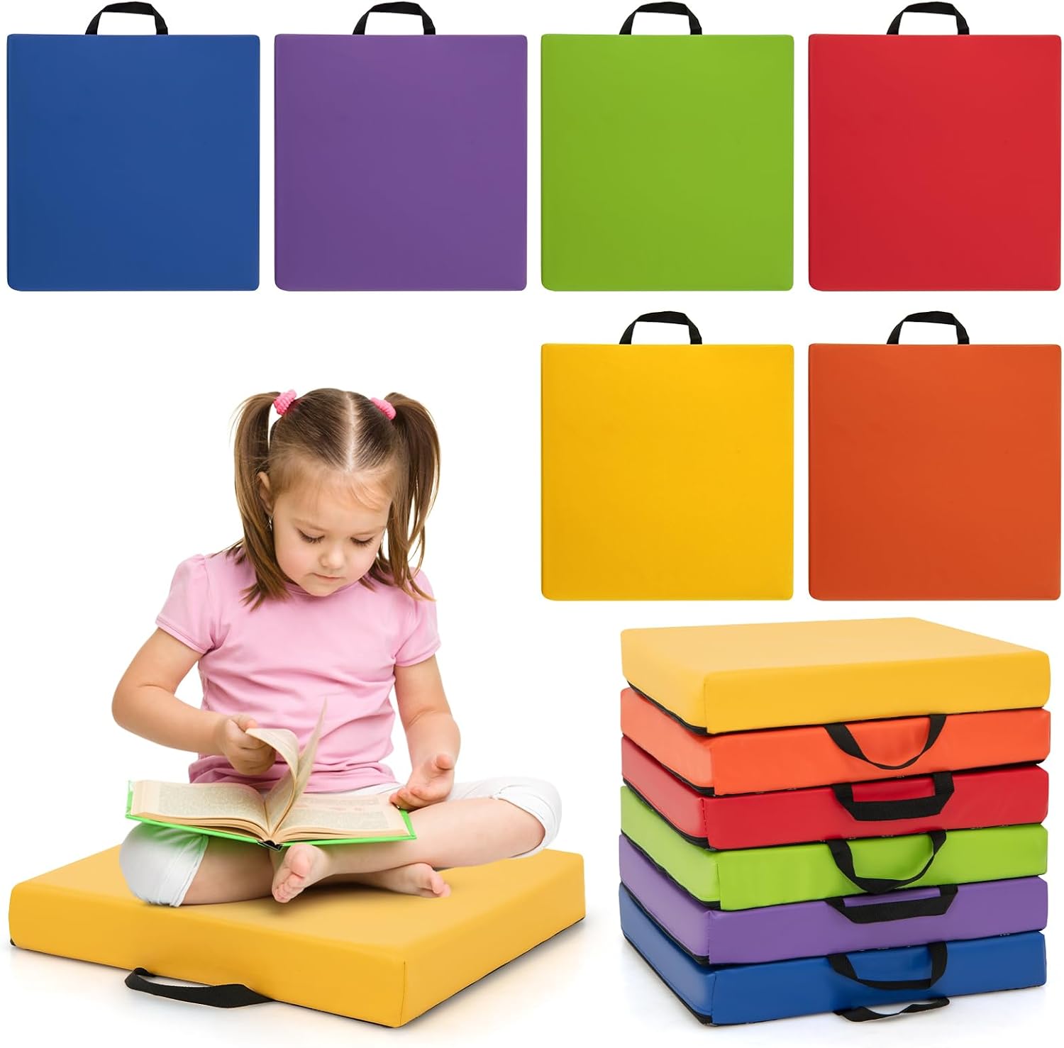 GLACER 16" Floor Cushions for Kids, 6 Pcs Square Floor Pillows with Handles, Waterproof PU Cover, Thick Sponge Filling, Flexible Seating for Classroom, Day Care, Kindergarten
