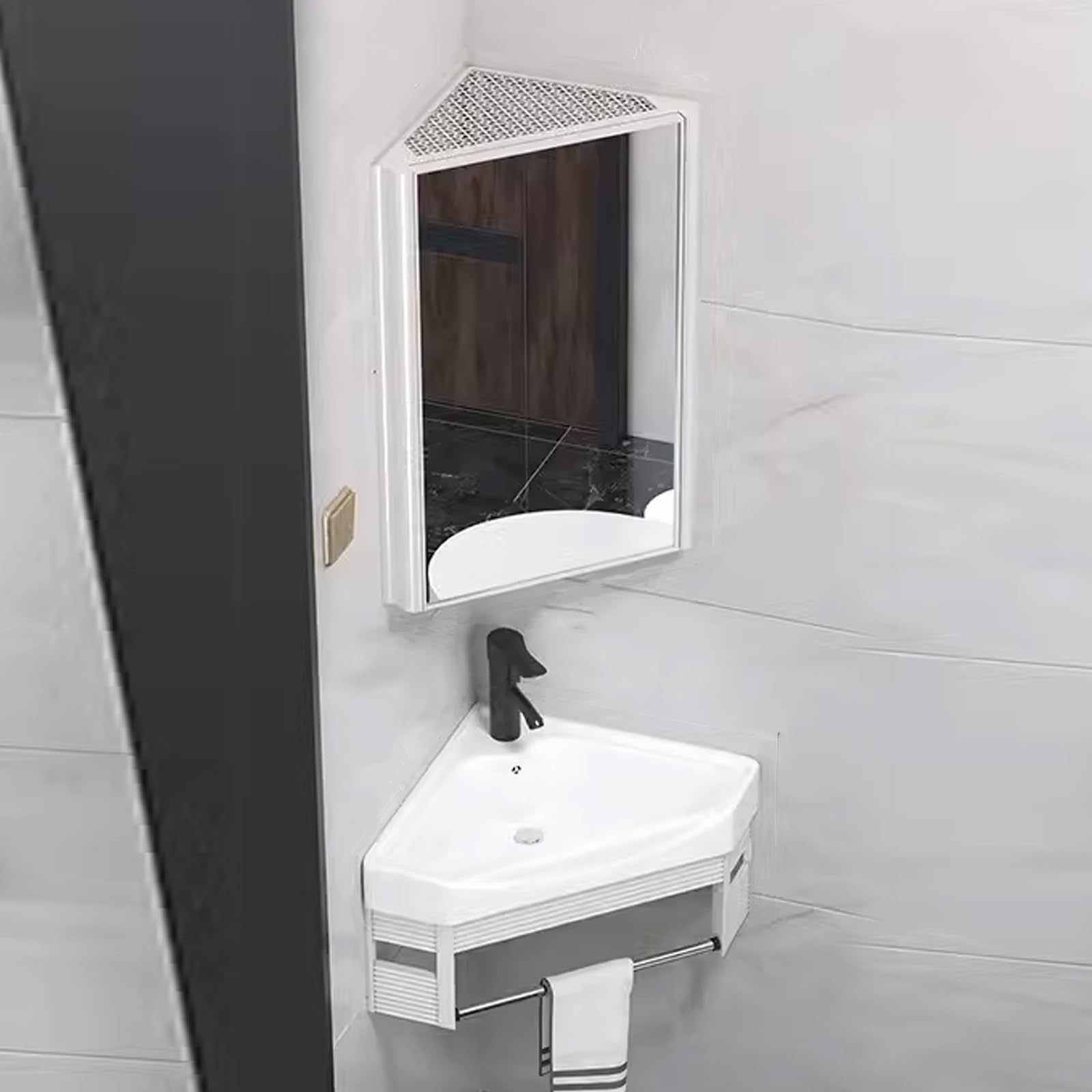 GLJTUO Corner Bathroom Sink & Vanity Combo Set with Mirror Cabinet WallMounted Storage for Small Spaces Stylish 37cm Bathroom Solutions,Bianco-42cm/16.5in